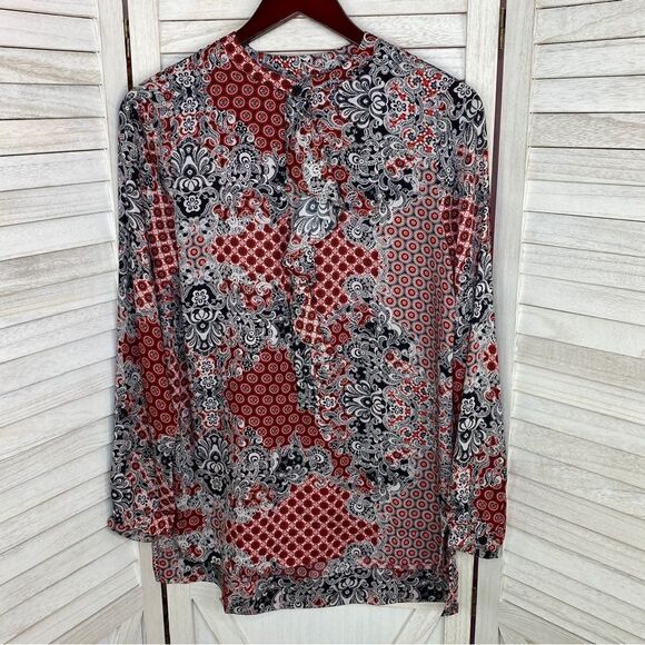 Ellen Tracy Multi Print Ruffle Front Blouse Small Red Black 3/4 Button - Picture 8 of 11
